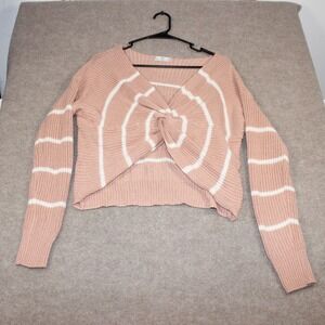 FCT with Love Womens Twist Front Striped Knit Sweater Pink White Large